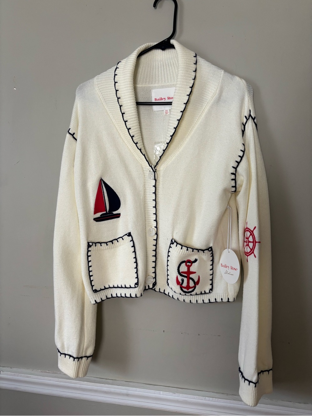 Bailey Rose Cream Nautical Embroidered Shawl Collar Cardigan